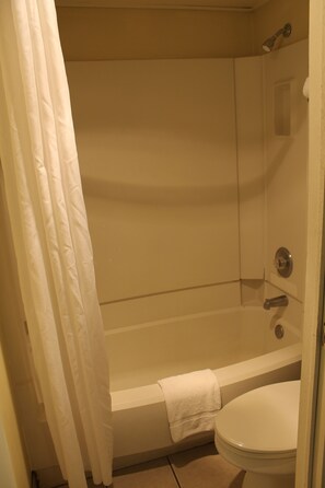 Ensemble douche/baignoire, serviettes fournies, savon, shampoing
