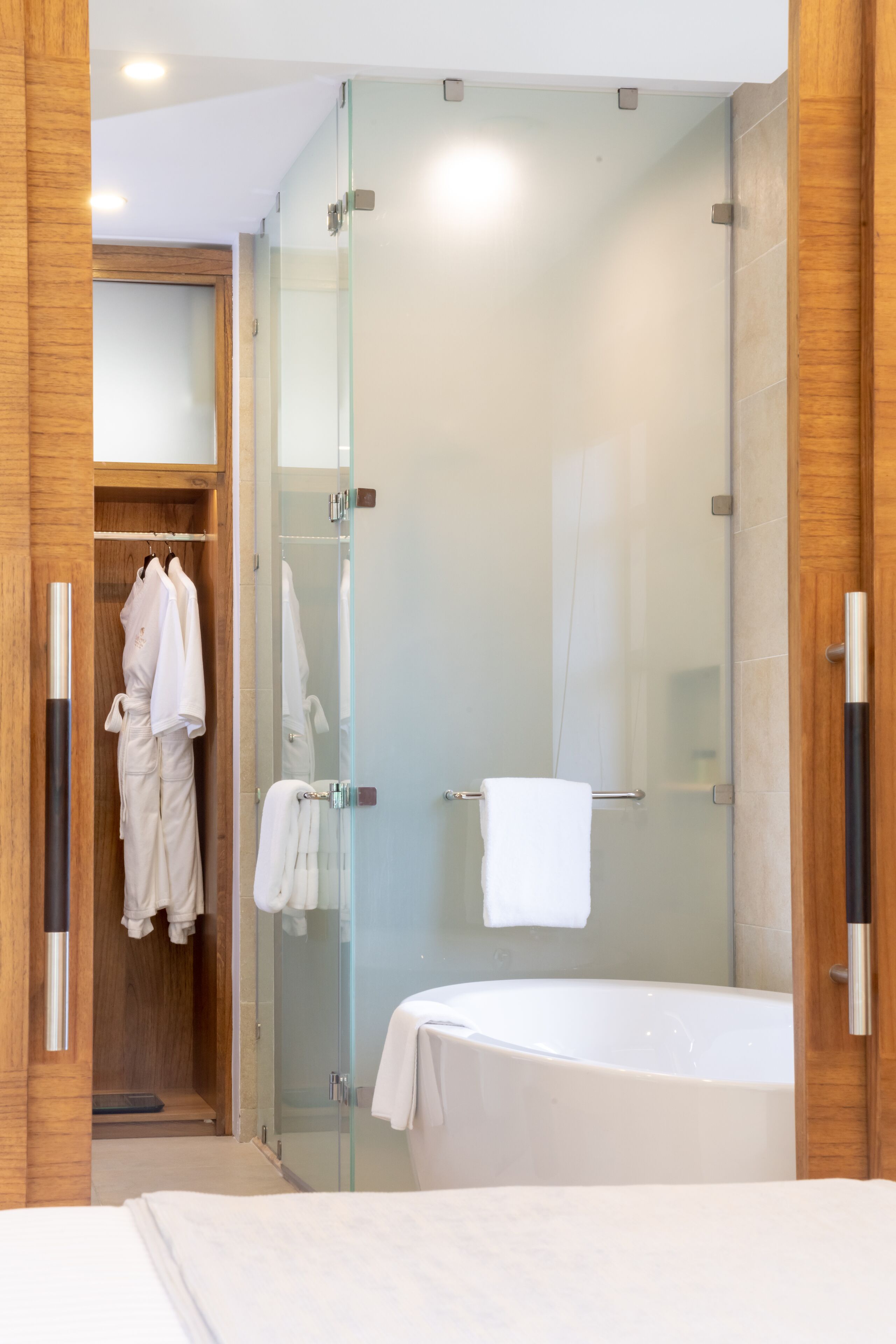 Un baño moderno con ducha de vidrio, vestidor y una bañera grande.