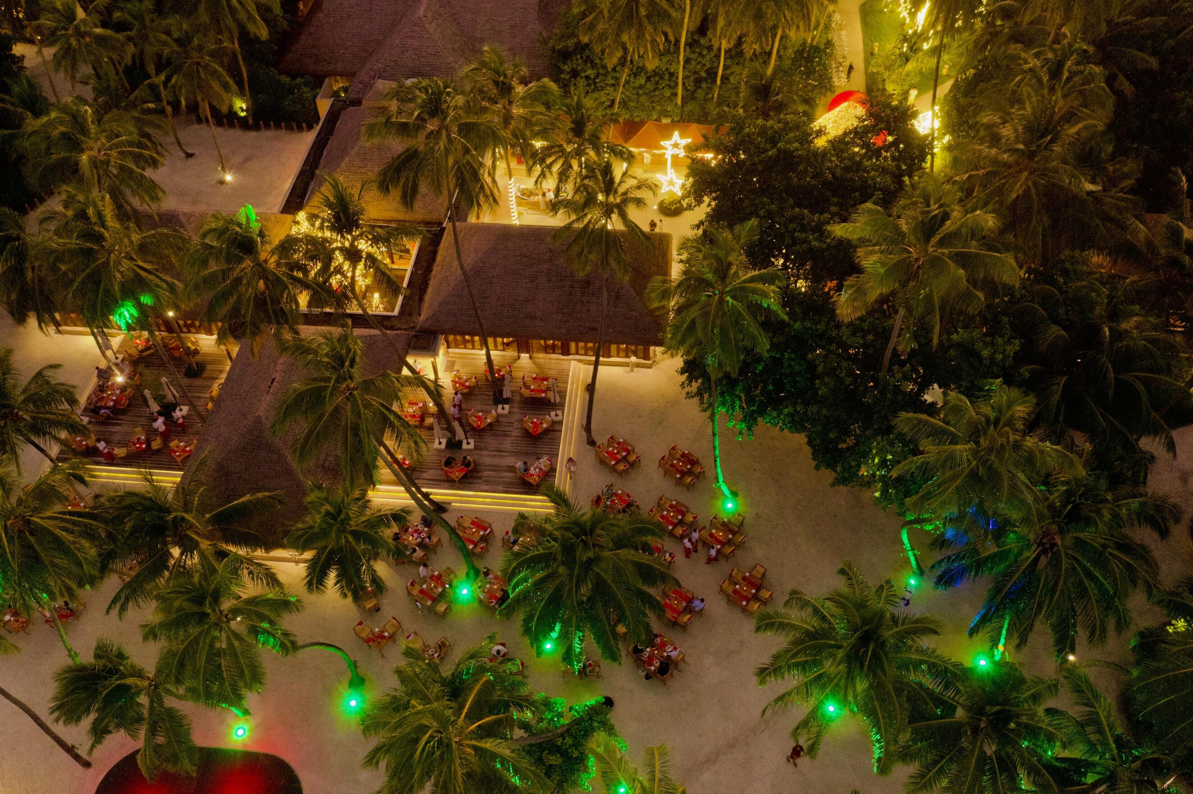 An aerial view of a resort with thatched-roof structures, palm trees, and outdoor seating areas.