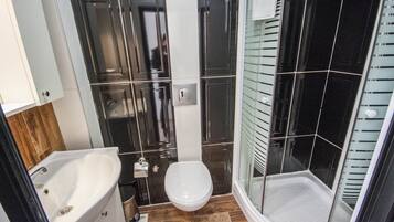 Shower, hair dryer, slippers, towels