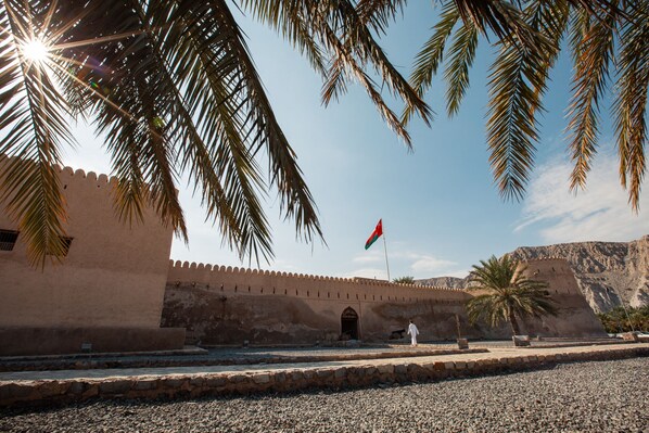 A historic building with a large archway entrance, palm trees, and a flagpole with a flag.