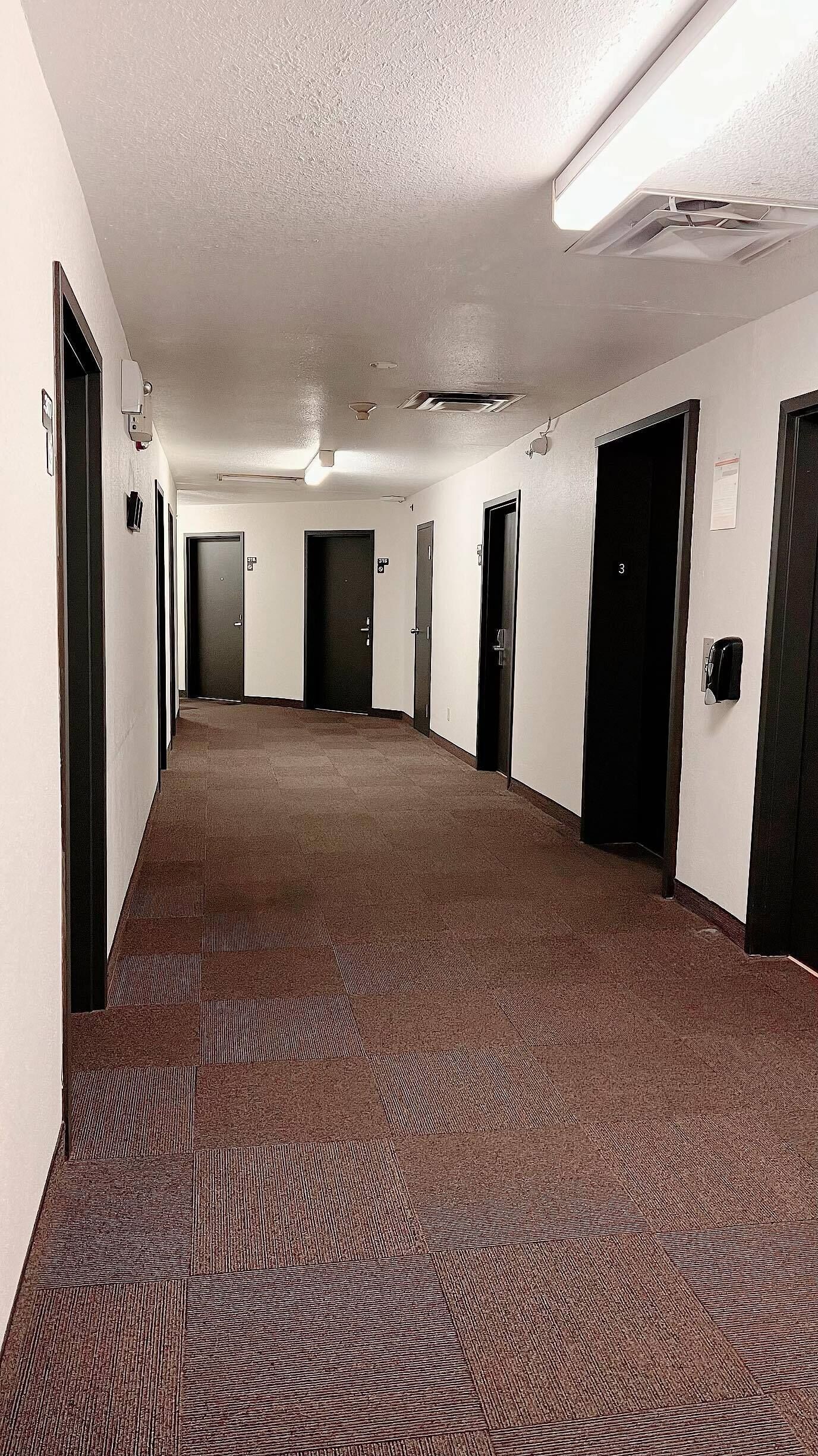Un largo y estrecho pasillo de hotel con pisos alfombrados, varias puertas y luces en el techo.