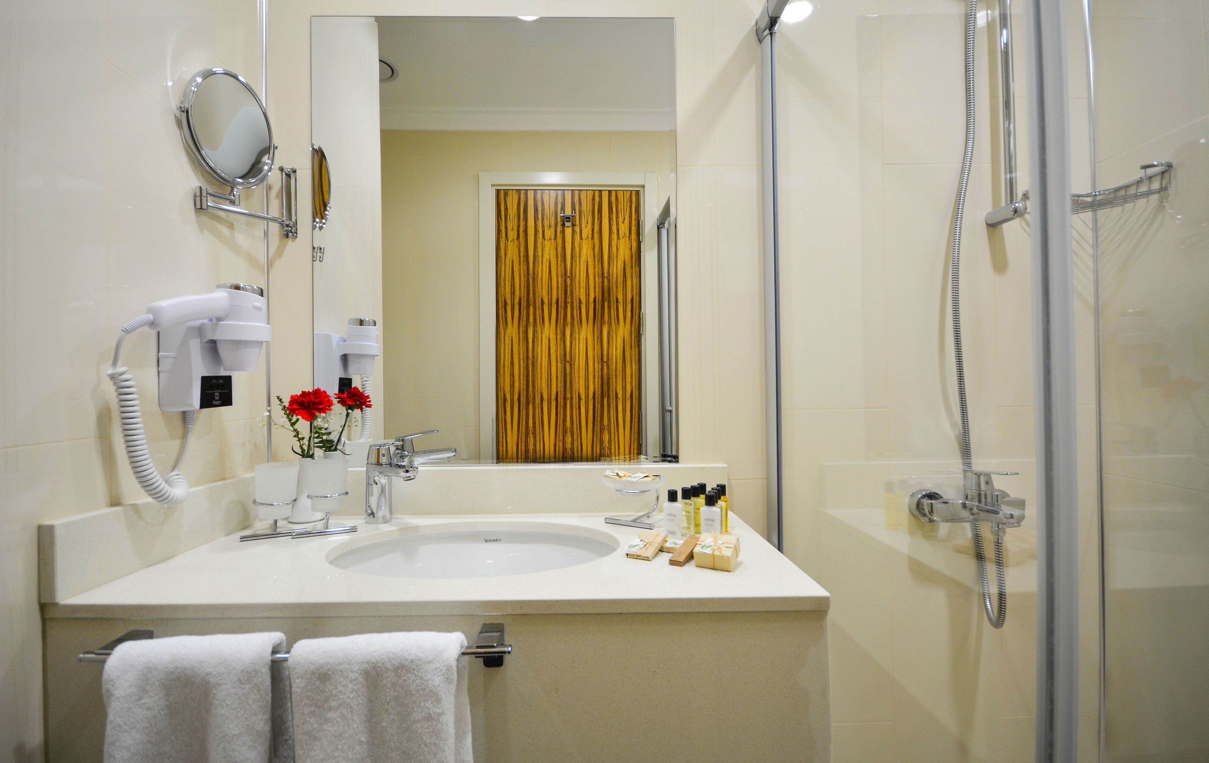 rainfall showerhead, free toiletries, hair dryer, bathrobes