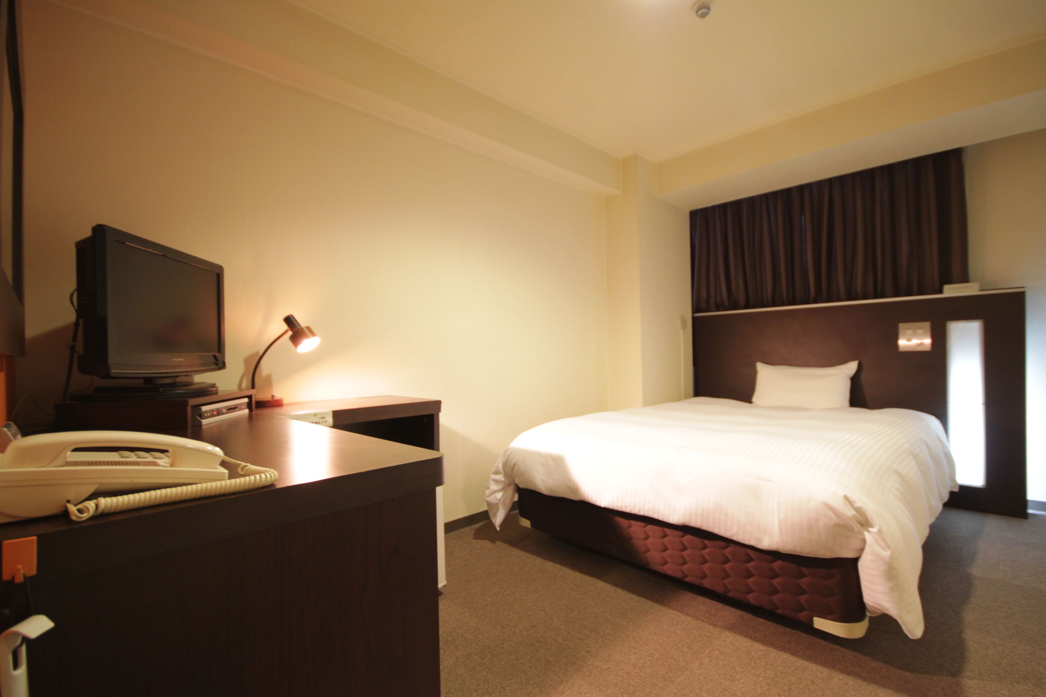 A hotel room with a bed, a desk with a telephone, and a television.