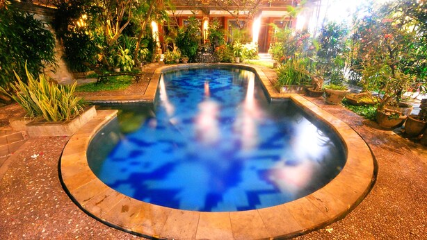 A swimming pool with a stone border, surrounded by potted plants and greenery. - Swastika Guest House (Denpasar)