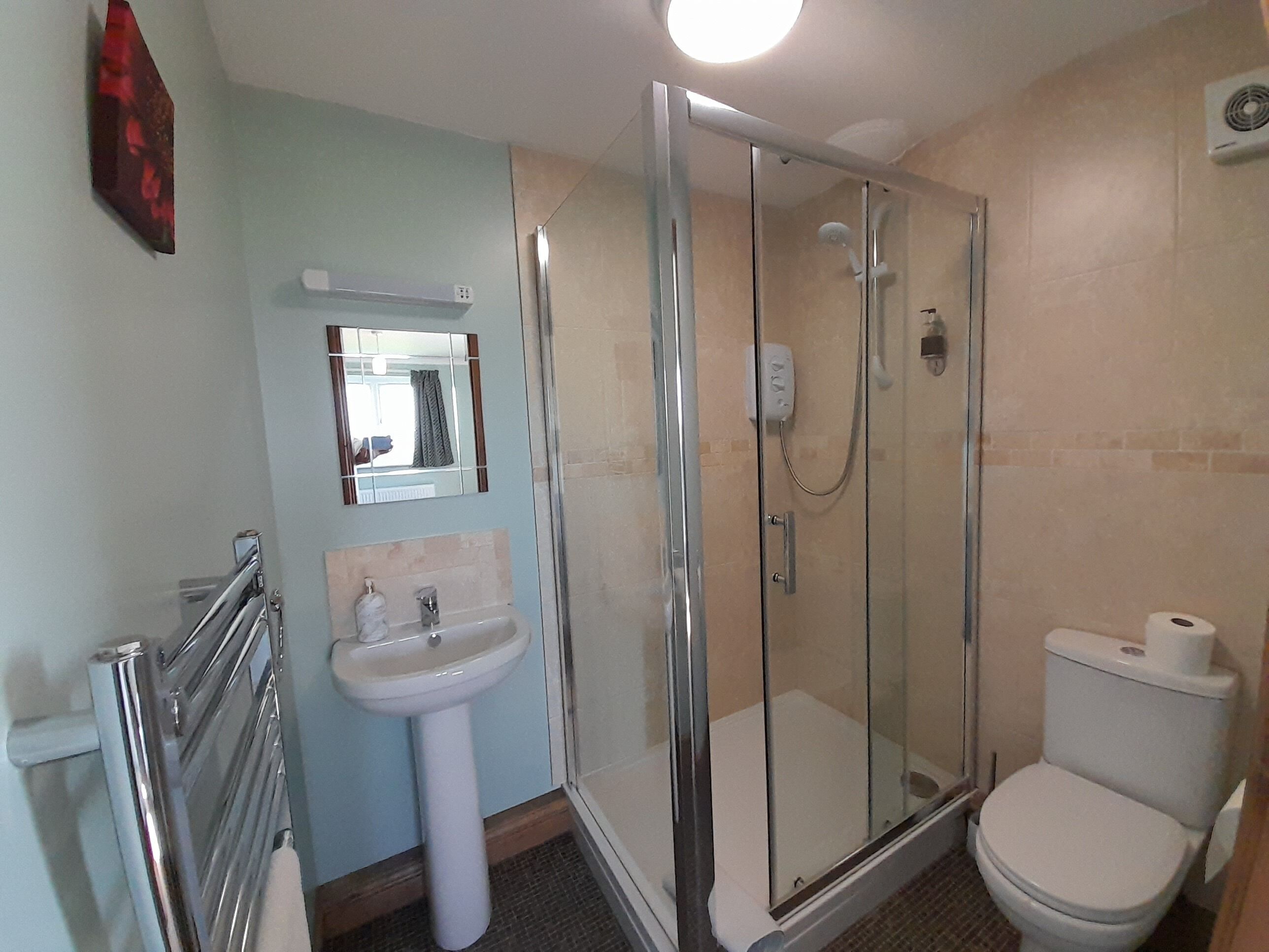 A bathroom with a glass-enclosed shower, a pedestal sink, a toilet, and a mirror above the sink.