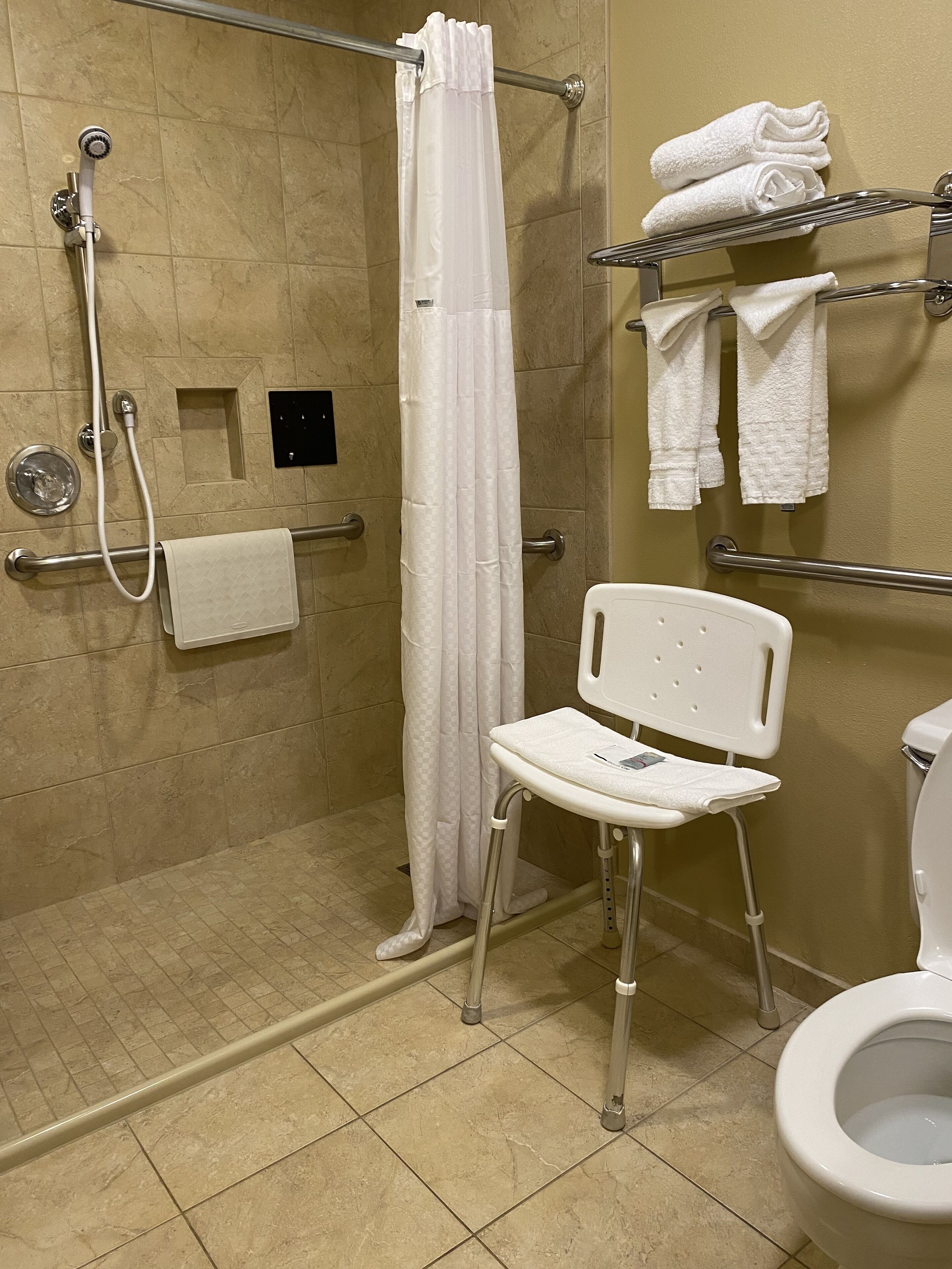 combined shower/bathtub, free toiletries, hair dryer, towels