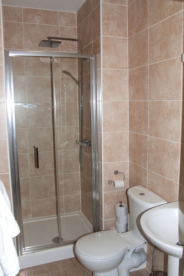 A bathroom with a glass-enclosed shower, a toilet, and a sink.