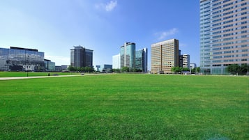 A grassy field with modern buildings in the background.