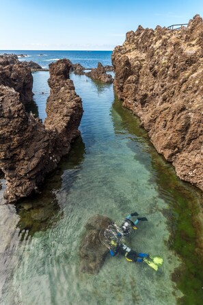A rocky coastal area with clear water and a diver. - Aqua Natura Madeira Hotel (Porto Moniz)