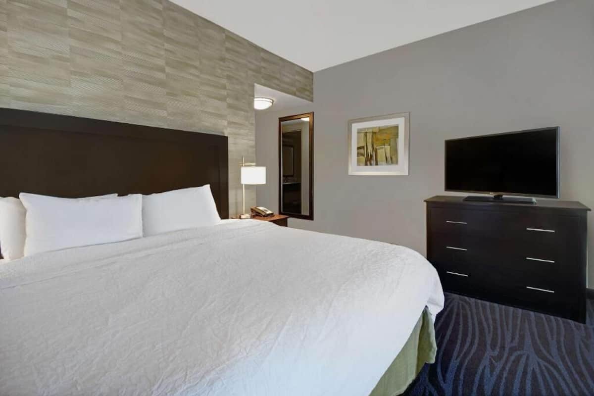 A hotel room with a large bed, a flat-screen TV, a dresser, and a mirror.