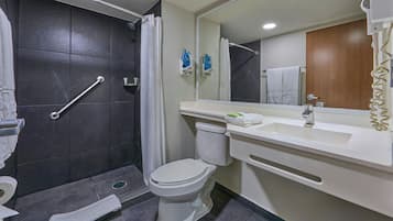 Une salle de bain moderne équipée d’une douche, de toilettes et d’un lavabo.