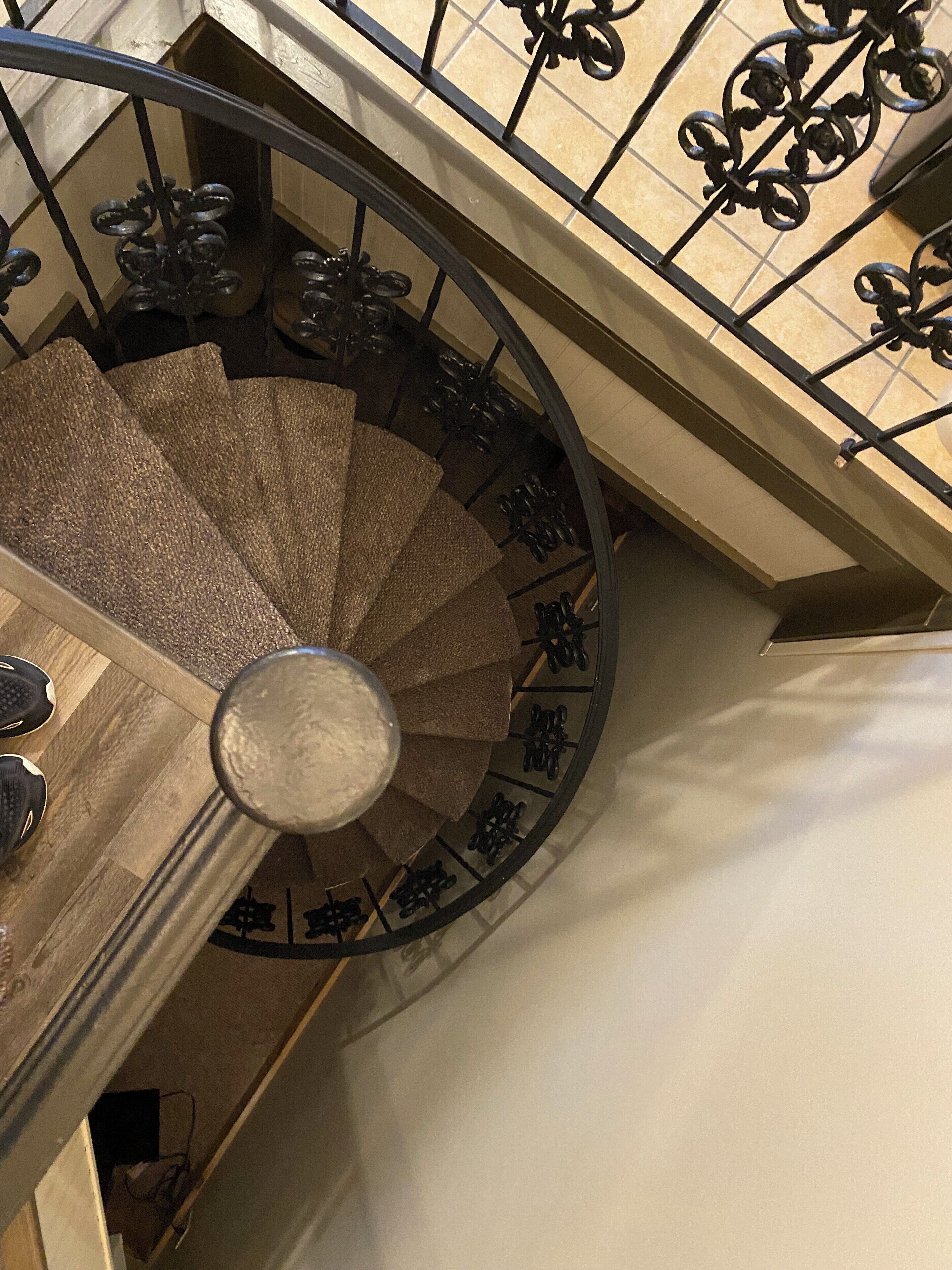 A spiral staircase with ornate metal railings and a wooden handrail.
