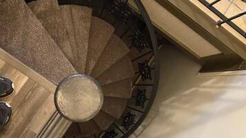 A spiral staircase with ornate metal railings and a wooden handrail.