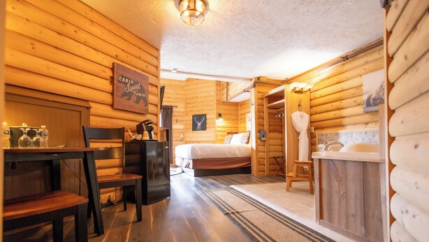 A cabin interior with a wooden floor, a bed, a table with chairs, a sink, and a shower area.