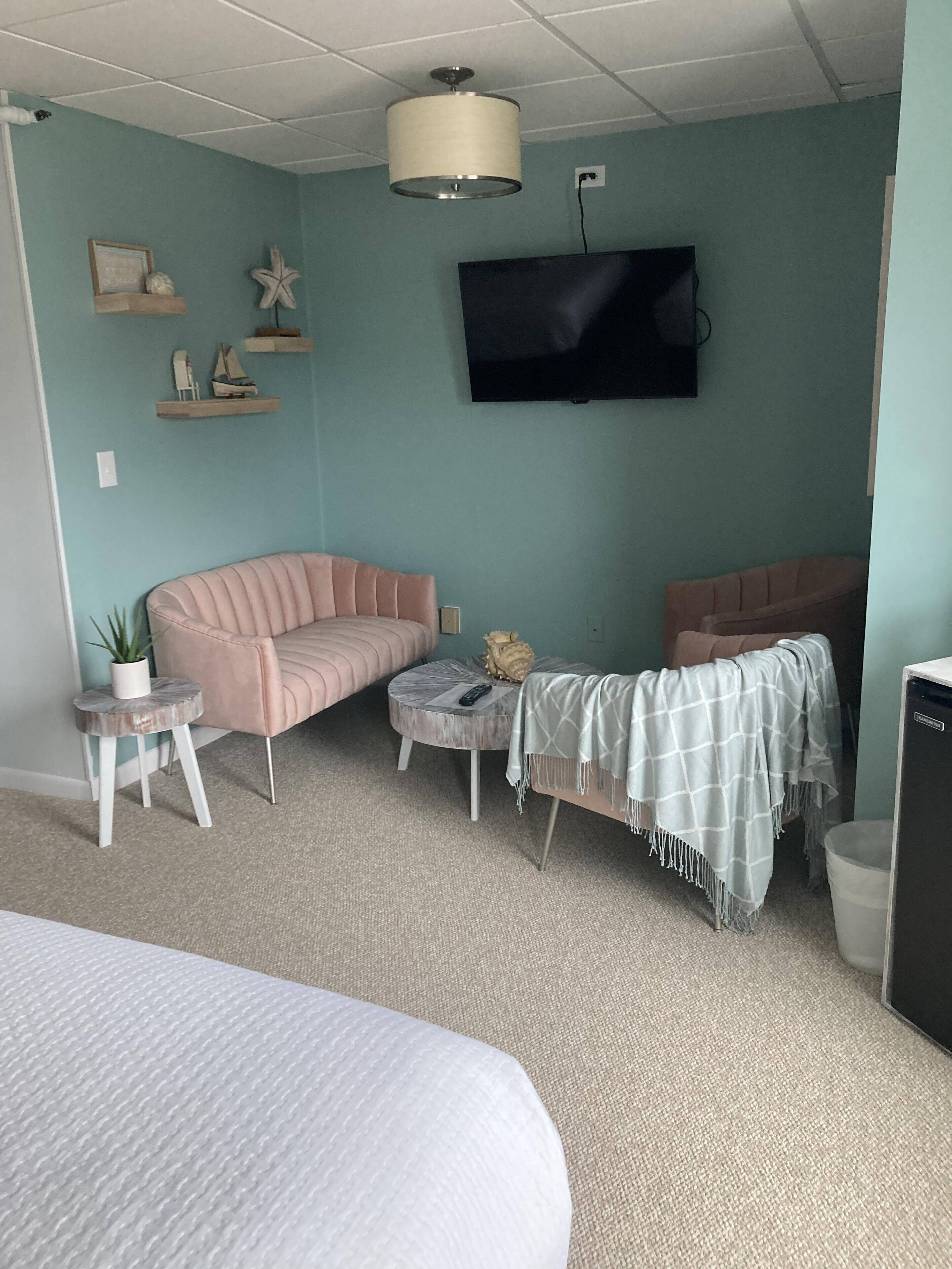 A room with teal walls, a pink sofa, a grey ottoman, a small side table with a plant, and a television mounted on the wall.