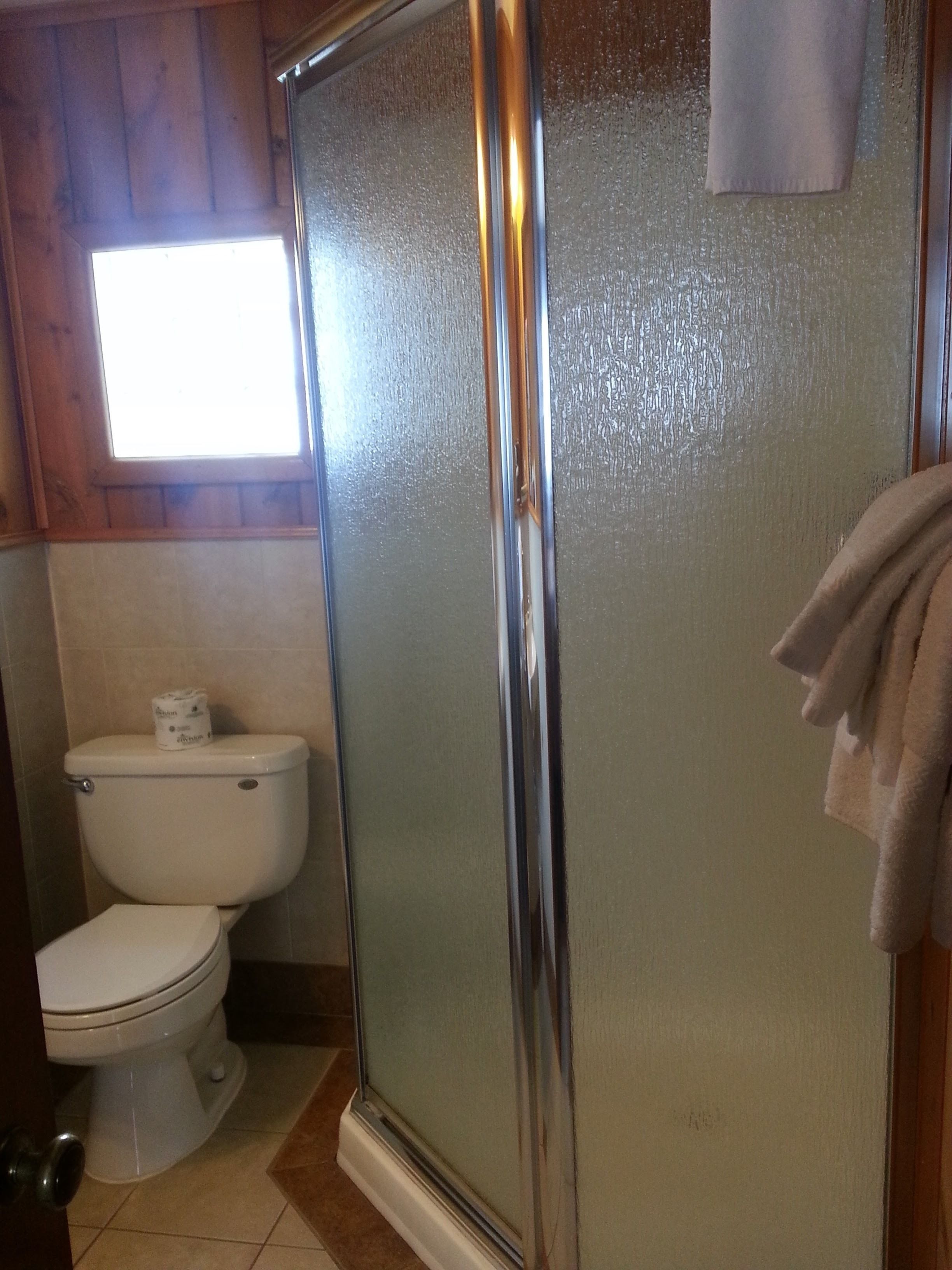 Une salle de bain avec des toilettes, une douche en verre et une serviette accrochée au mur.
