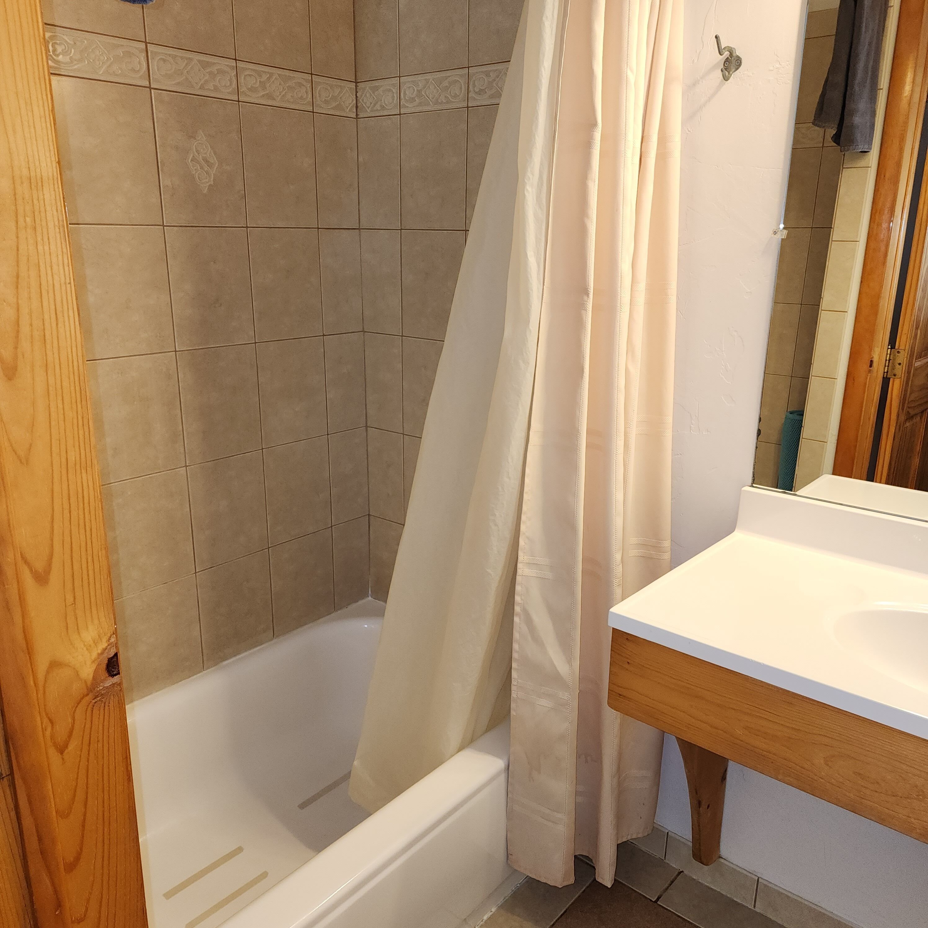 A bathroom with a shower, a sink, and a mirror.