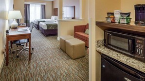 A hotel room with a bed, a desk with a lamp, a kitchenette with a microwave, and a coffee maker. - Comfort Suites Cotulla near I-35 (Cotulla)