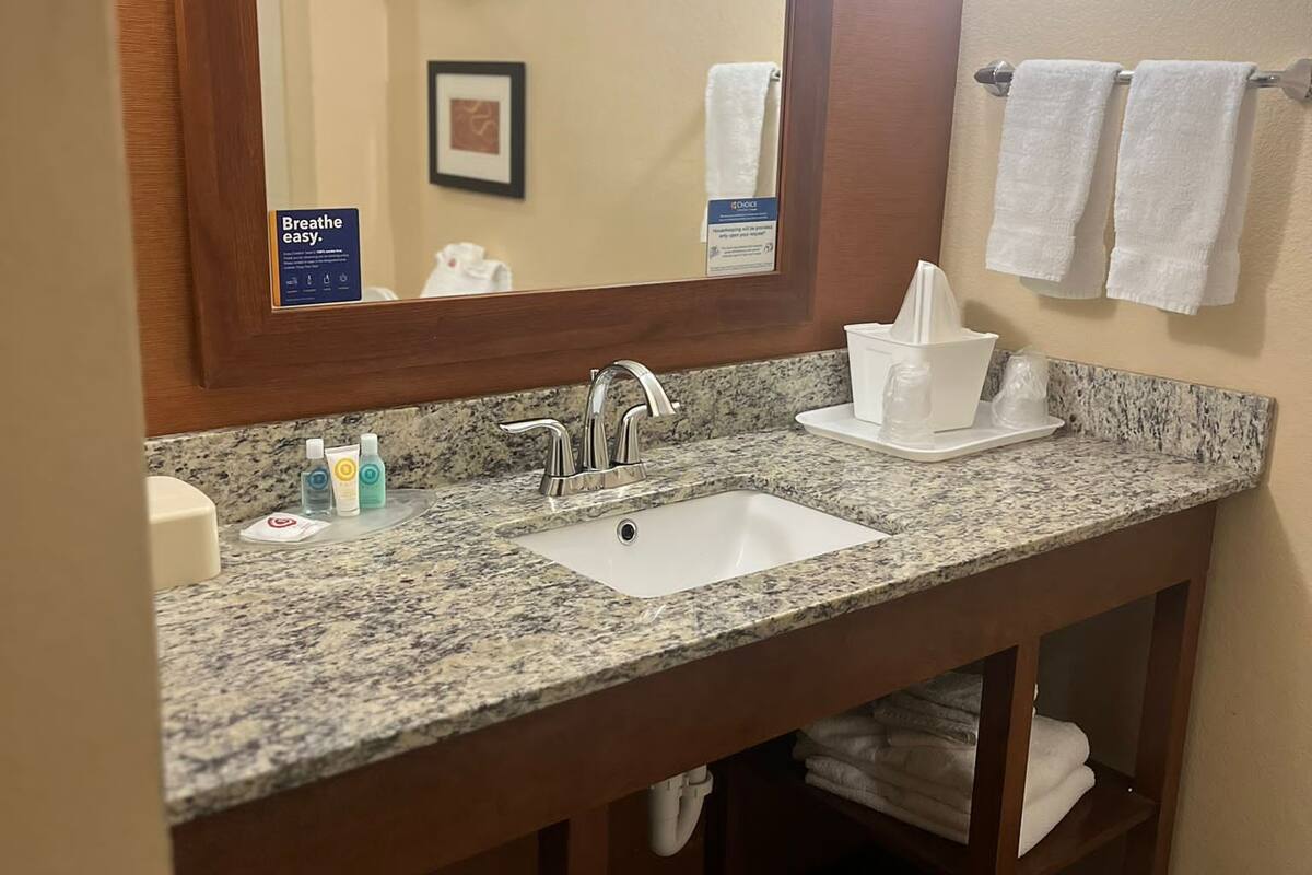 free toiletries, hair dryer, towels