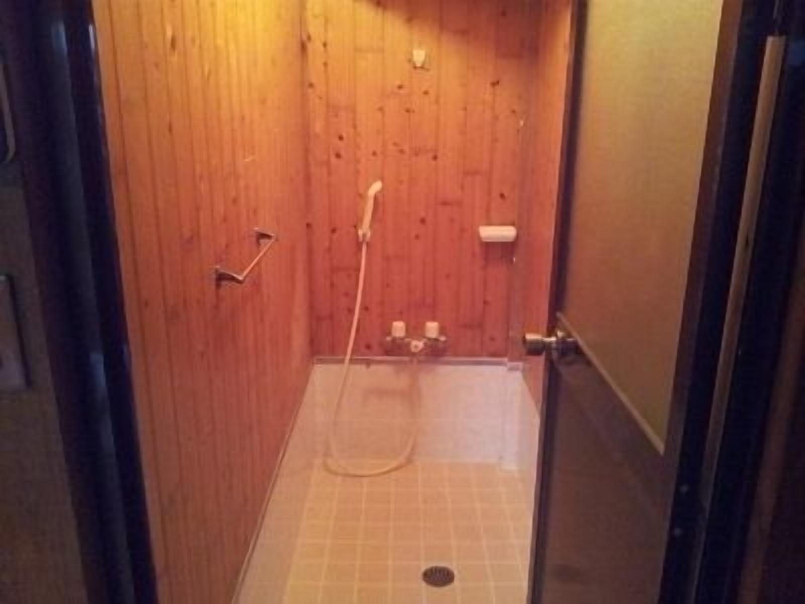 A wooden-paneled shower stall with a handheld showerhead and a toilet.