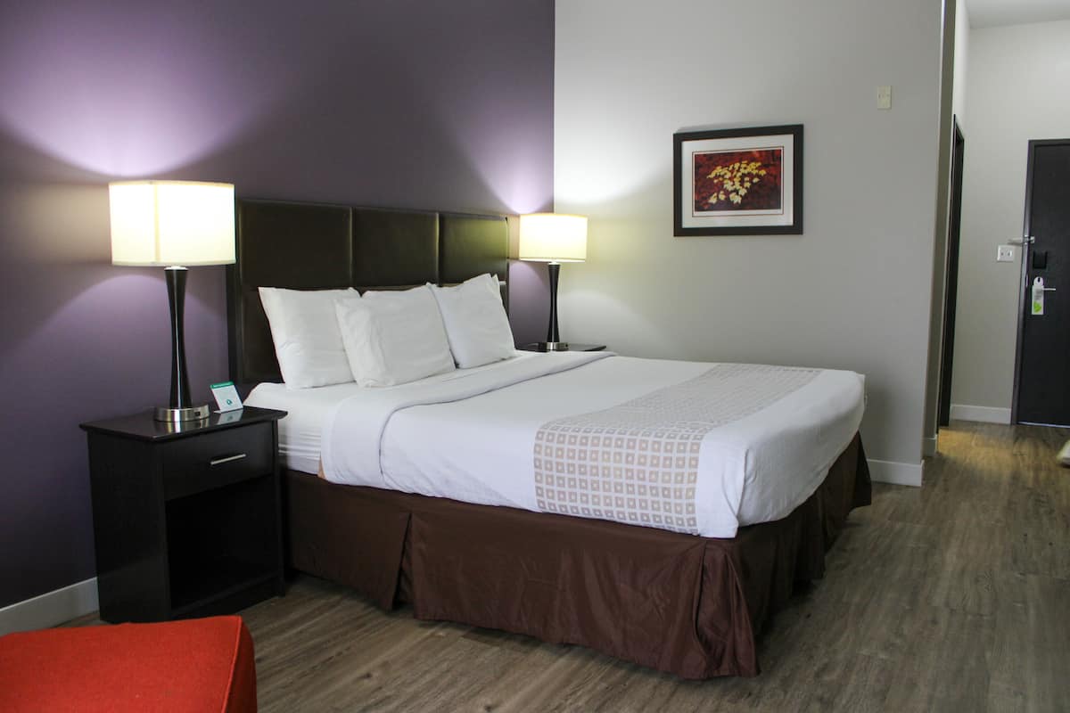 A hotel room with a bed, two bedside tables with lamps, a nightstand, a red chair, and a framed picture on the wall.