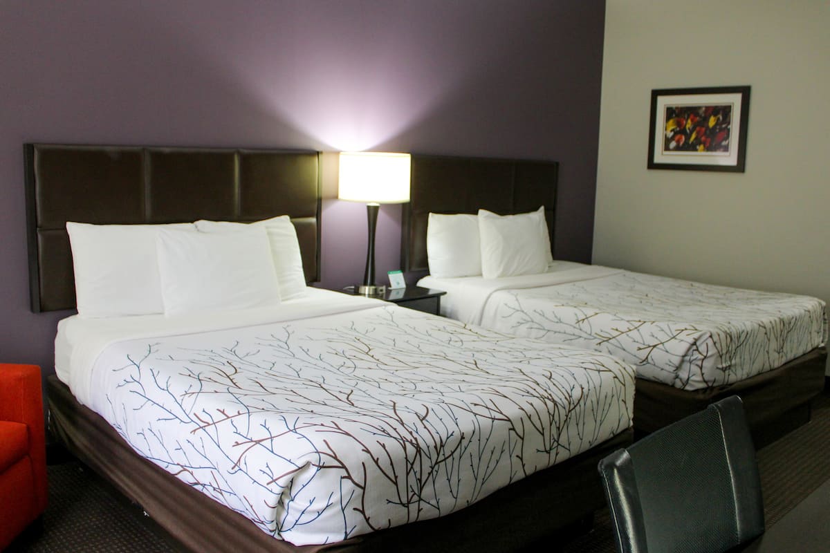 A hotel room with two beds, a nightstand, a lamp, a chair, and a framed picture on the wall.