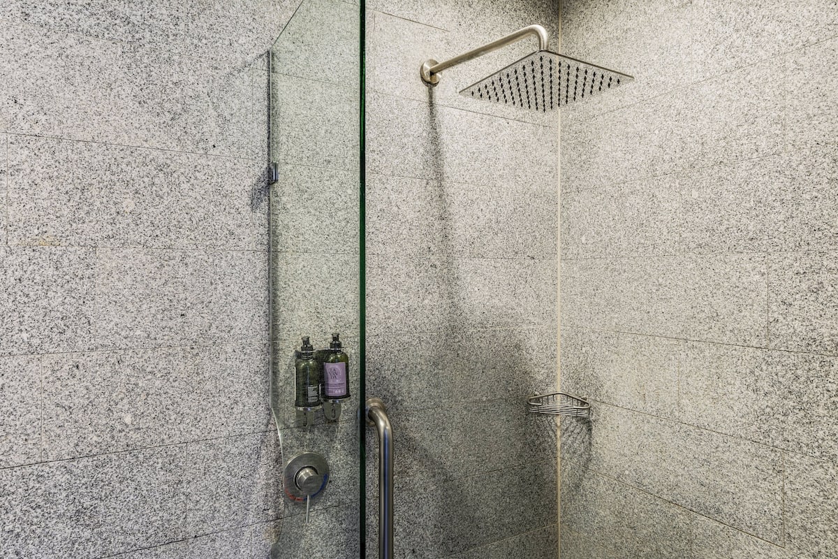Ducha con cabezal de ducha de mano, puerta de cristal y barandilla metálica.