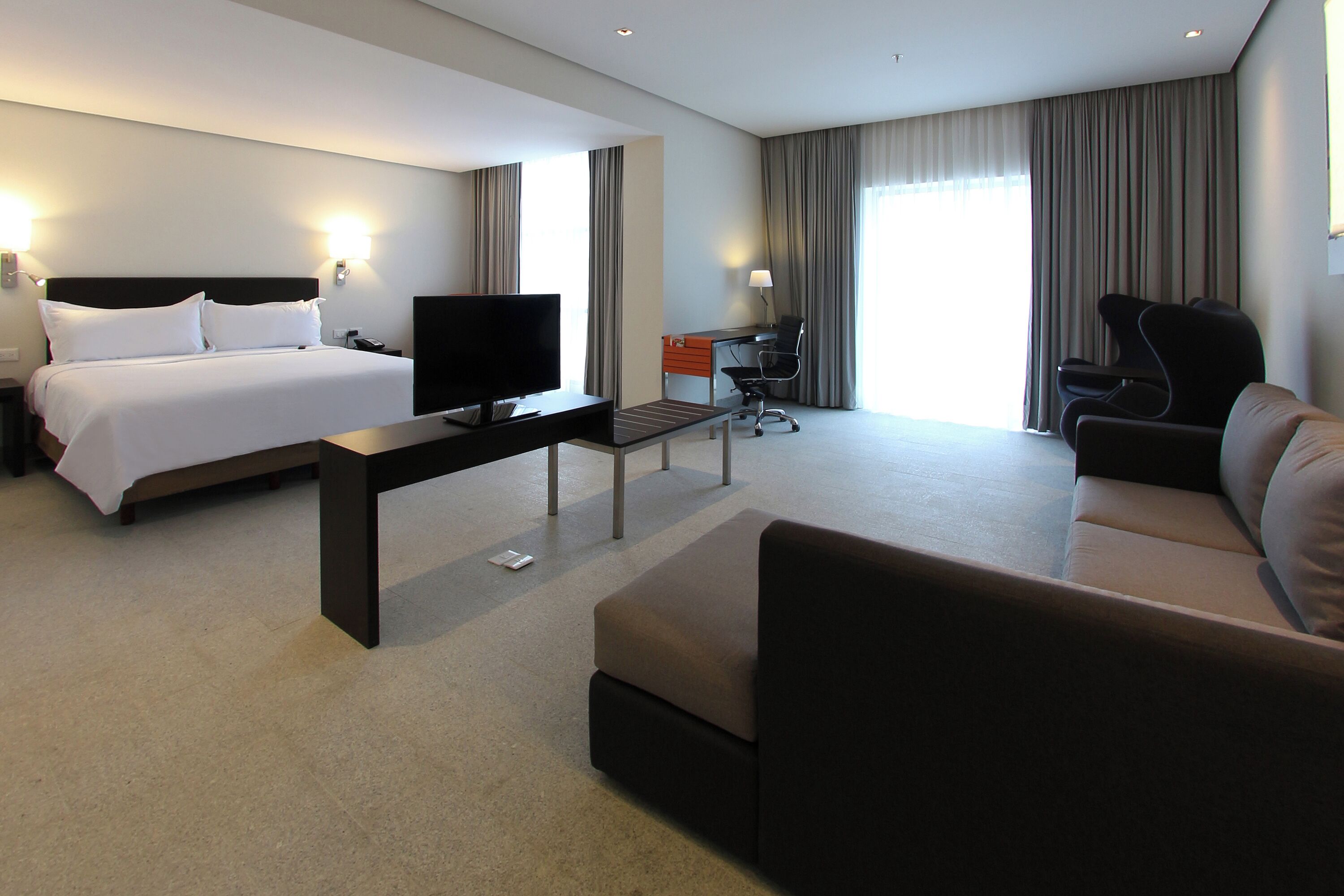 Una habitación de hotel con una cama, un escritorio con una computadora, un televisor, una silla y un sofá.