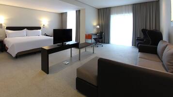 Una habitación de hotel con una cama, un escritorio con una computadora, un televisor, una silla y un sofá.