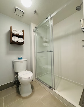 Bathroom features a glass-enclosed shower, toilet, and storage shelf.