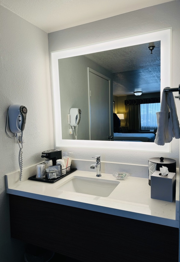 Enjoy a refreshing bathroom experience with a large mirror, hairdryer, and modern sink.