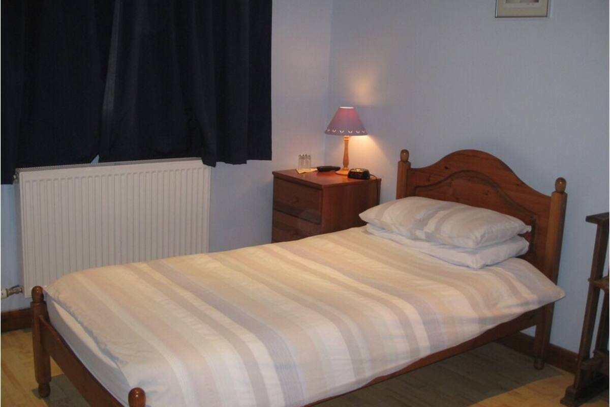 A single bed with a wooden headboard, a bedside table with a lamp, and a window with curtains.