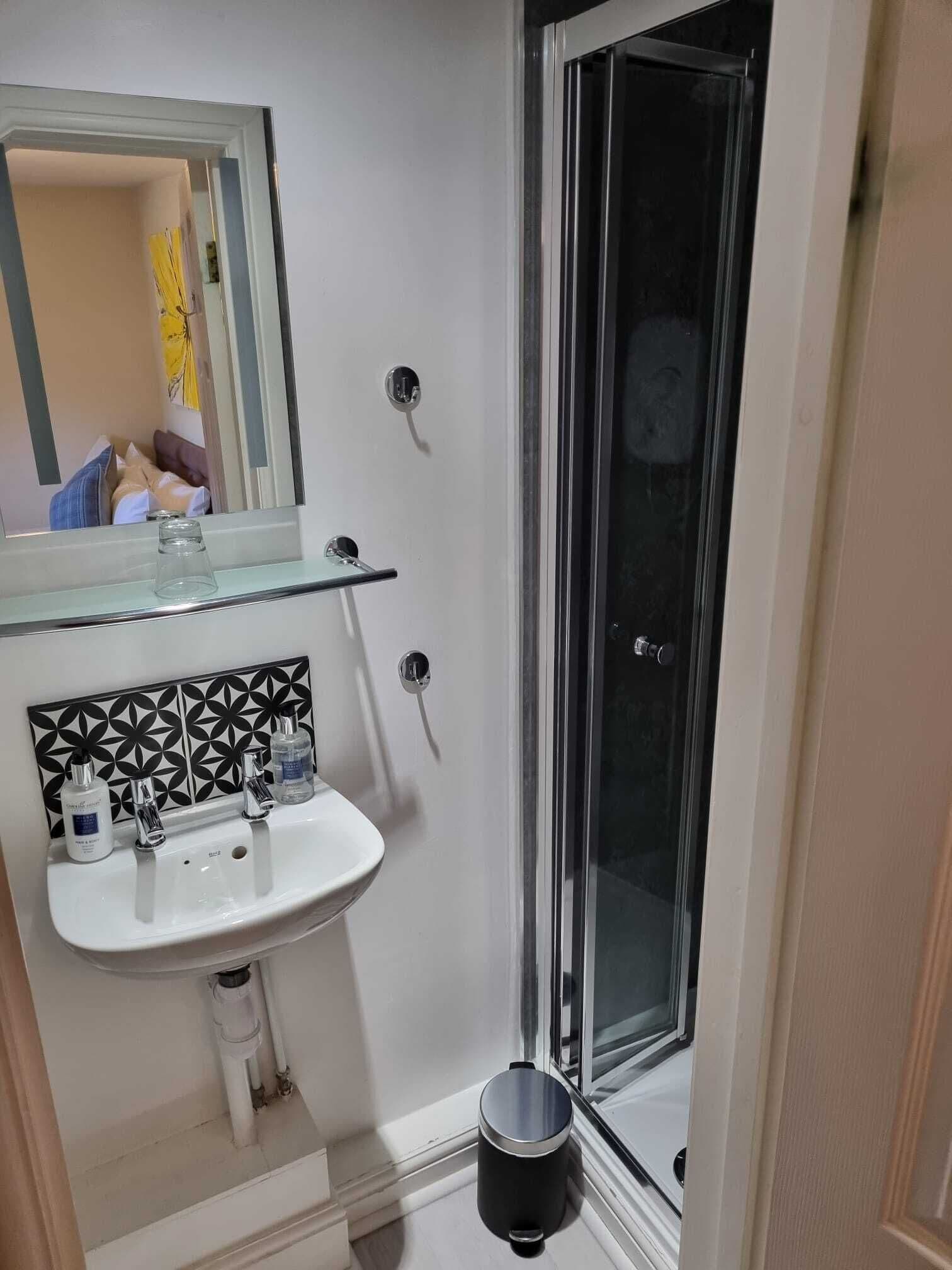 A bathroom with a white sink, a mirror, and a shower area.