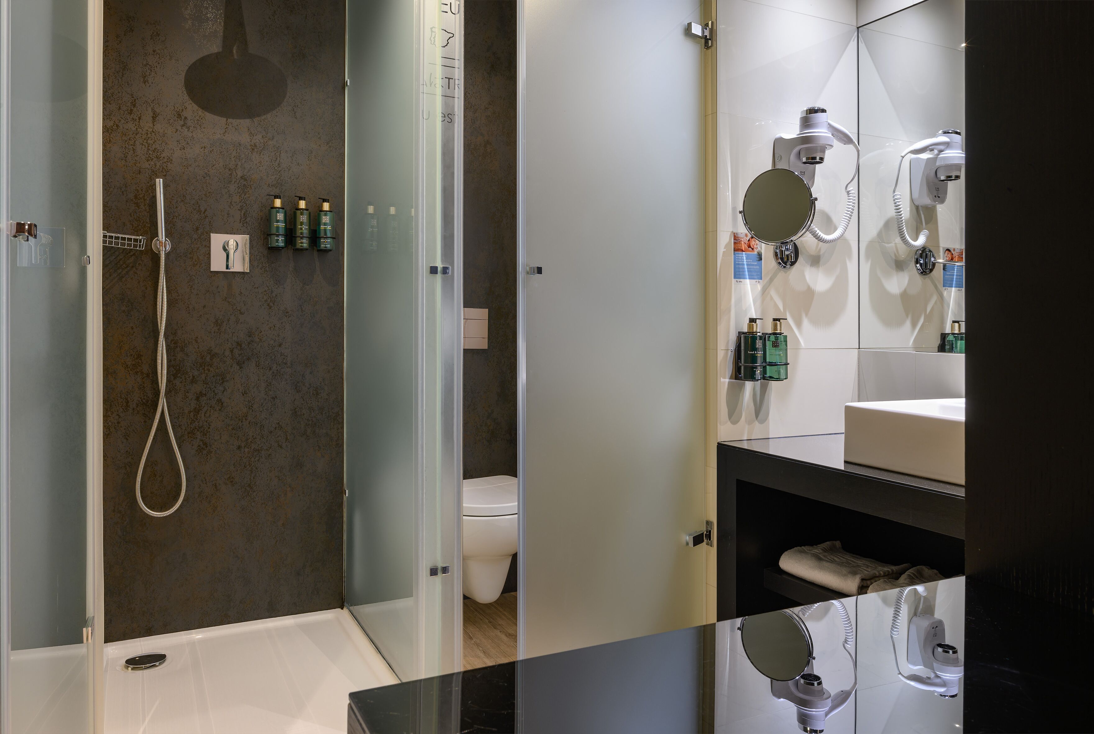 A modern bathroom with a glass-enclosed shower, a toilet, and a vanity with a mirror and sink.