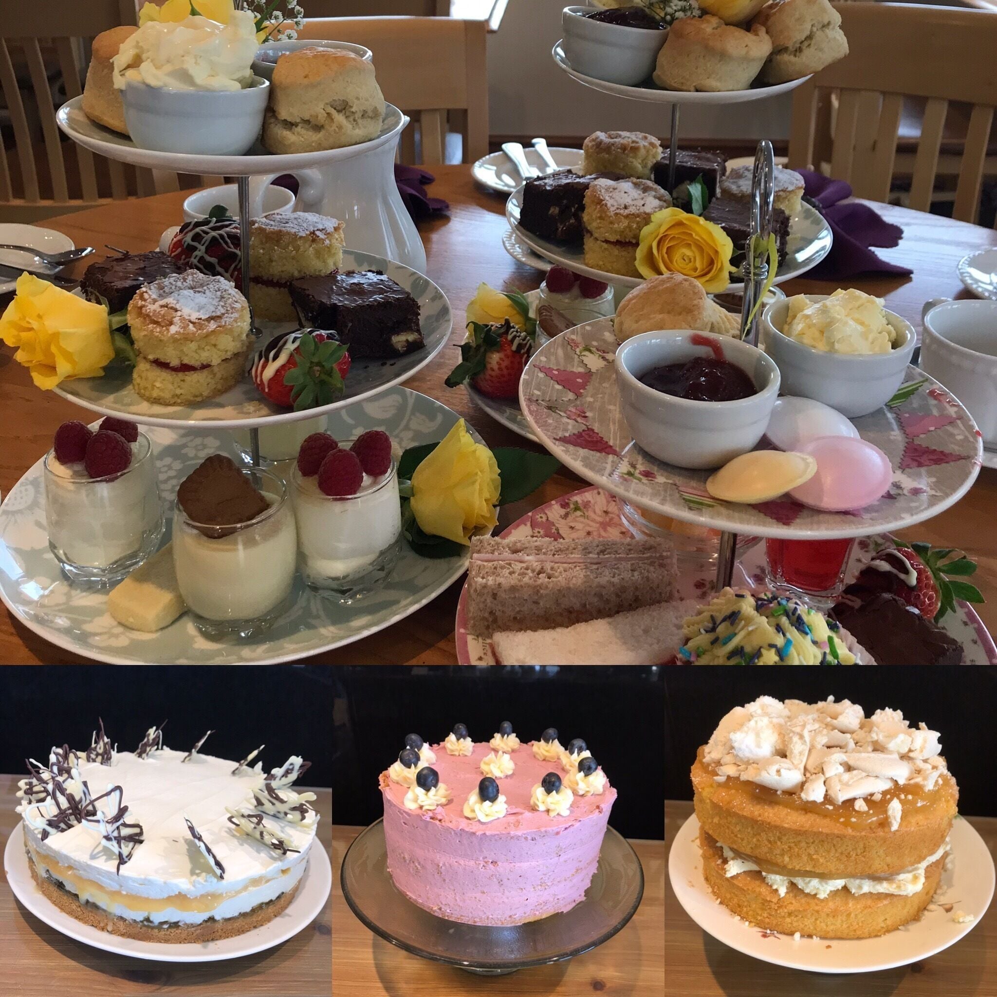 A variety of desserts and pastries on a table, including cakes and scones.