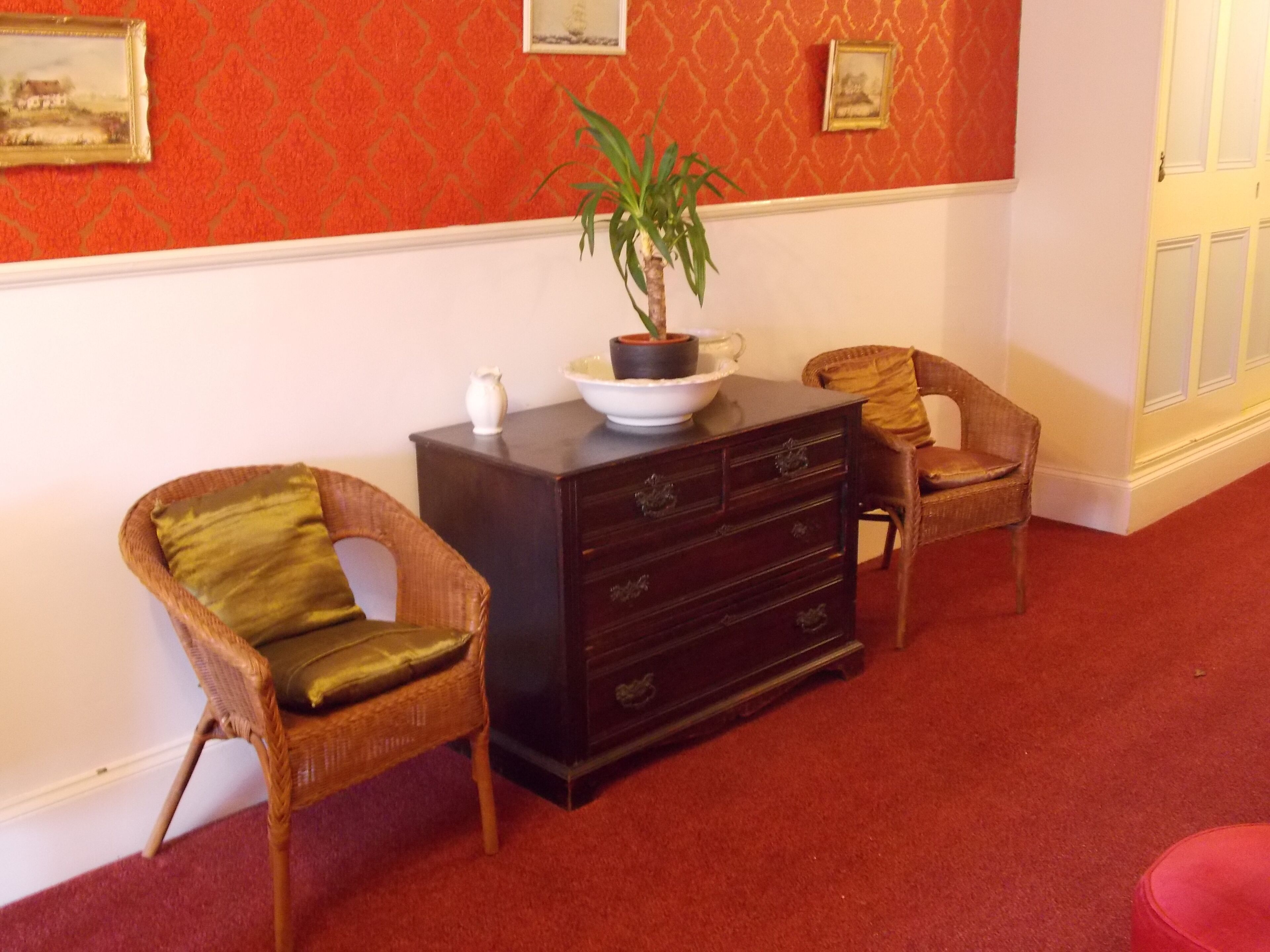 Una habitación con alfombra roja, cómoda de madera oscura, dos sillas de mimbre y una planta en maceta sobre la cómoda.