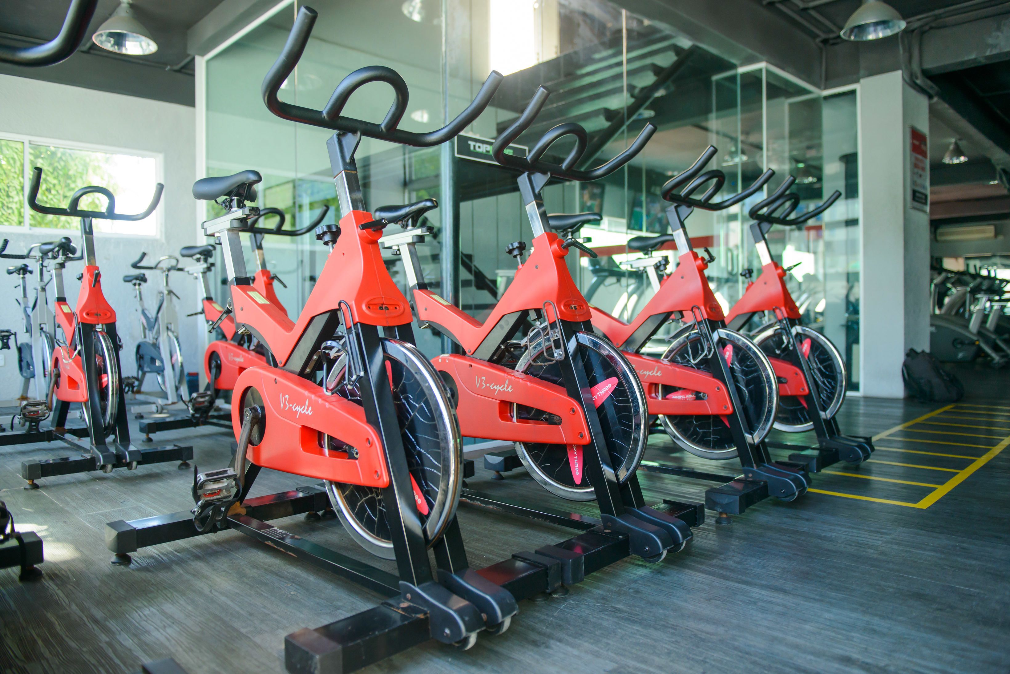 A row of stationary bikes in a gym with a glass wall and a view of the outside.