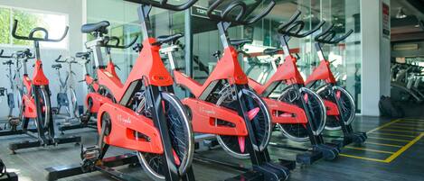 A row of stationary bikes in a gym with a glass wall and a view of the outside.