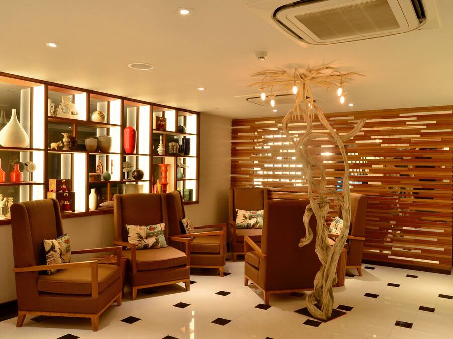 A modern interior with wooden chairs, a decorative tree sculpture, and a bookshelf filled with various items.