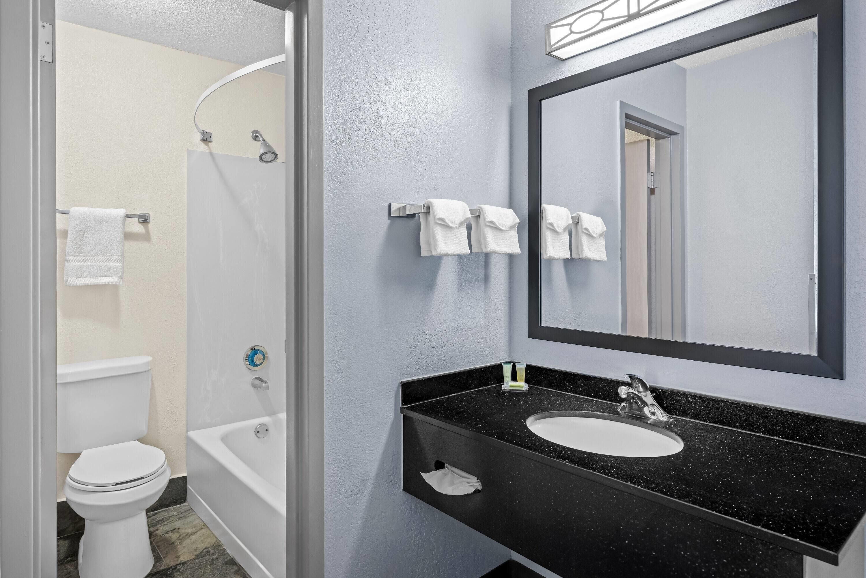 Une salle de bain avec des toilettes blanches, une baignoire, un lavabo doté d’un plan de toilette noir et un miroir.