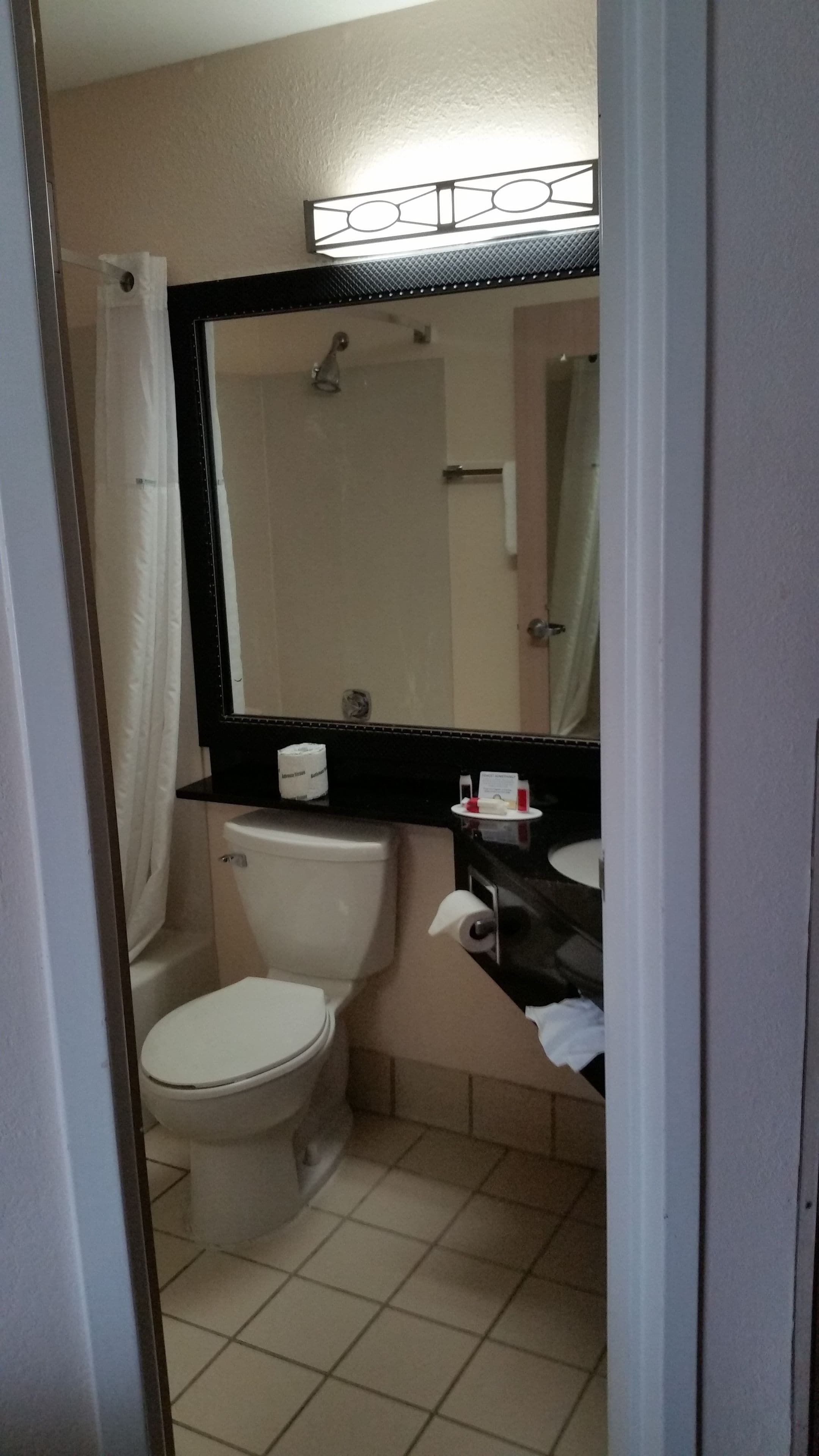 Un baño con inodoro, lavabo y espejo.