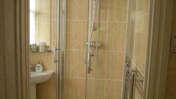 A corner shower with a glass door, a sink, and a mirror.