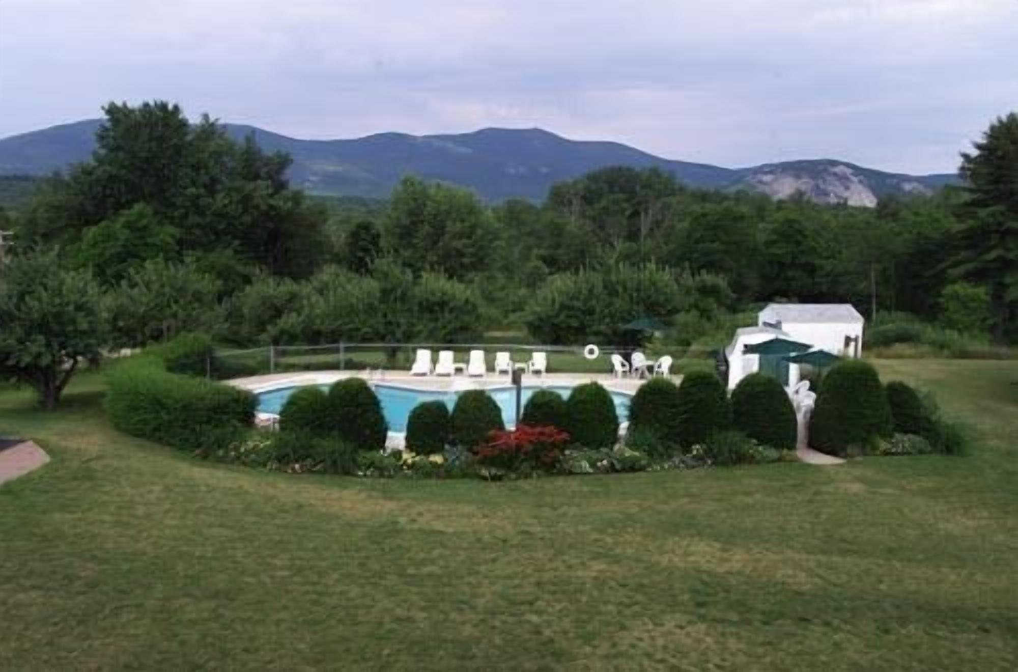 Una piscina rodeada de setos bien cuidados y un edificio blanco.