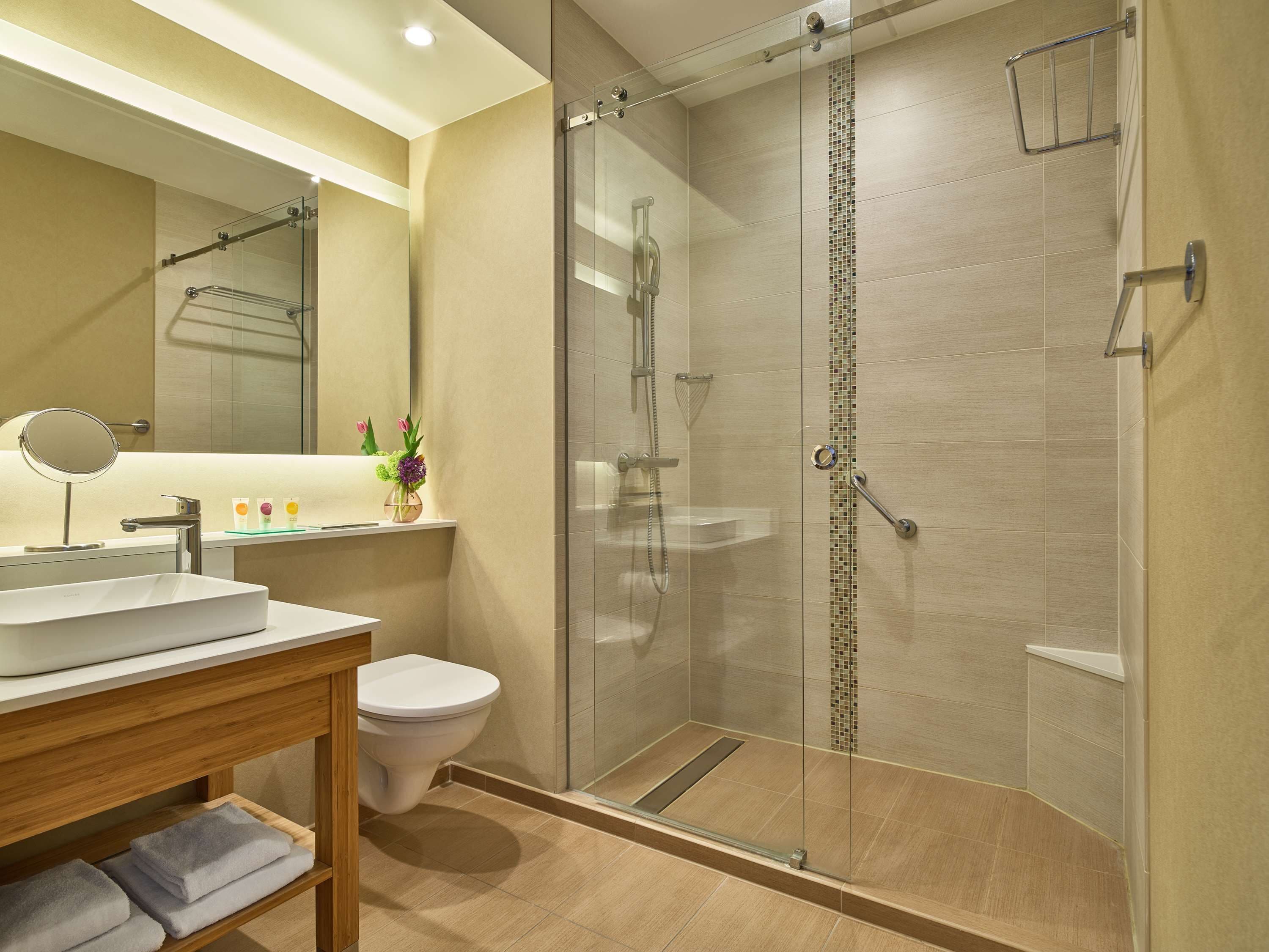 shower, designer toiletries, hair dryer, towels