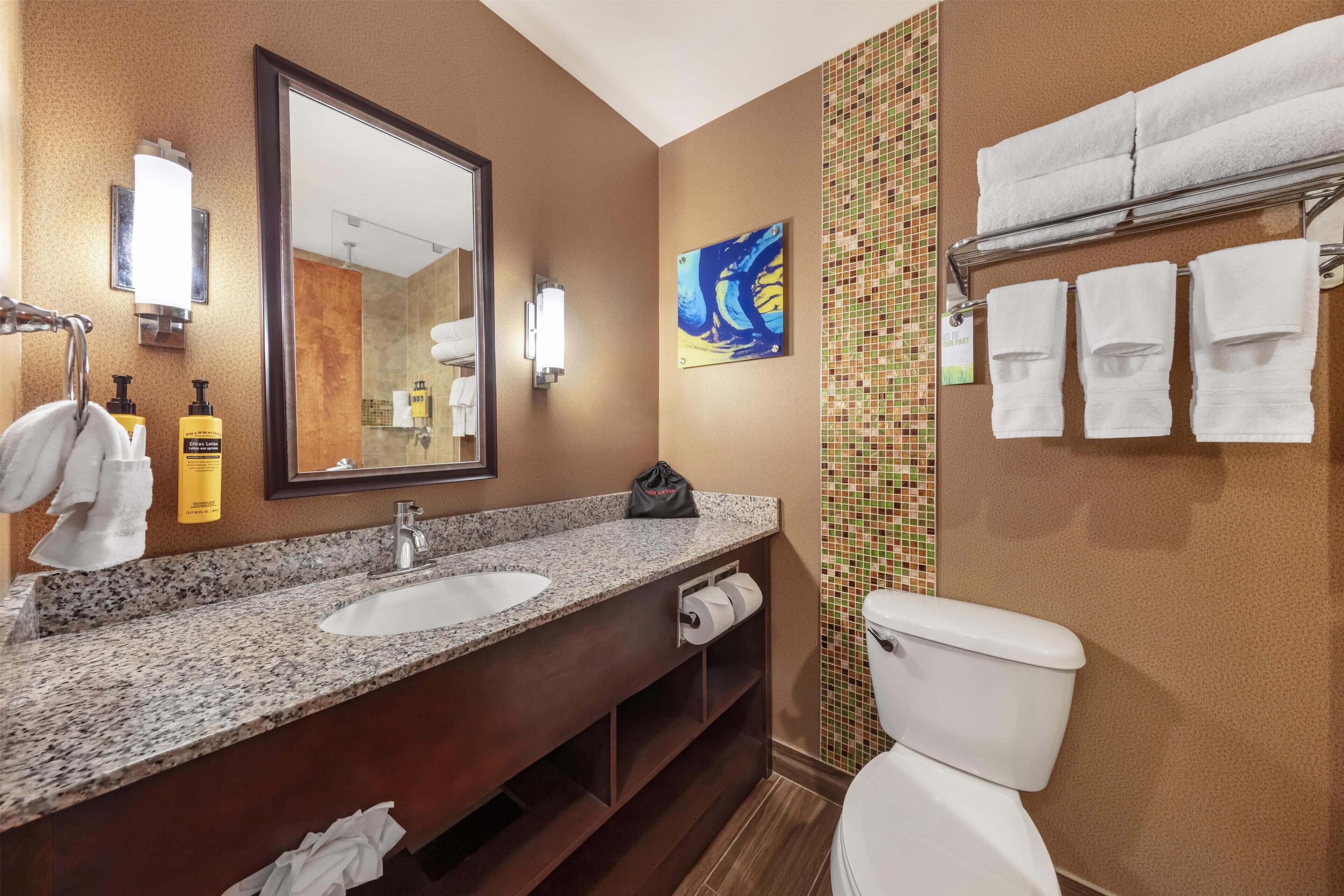 A bathroom with a granite countertop sink, a large mirror, a towel rack, and a toilet.