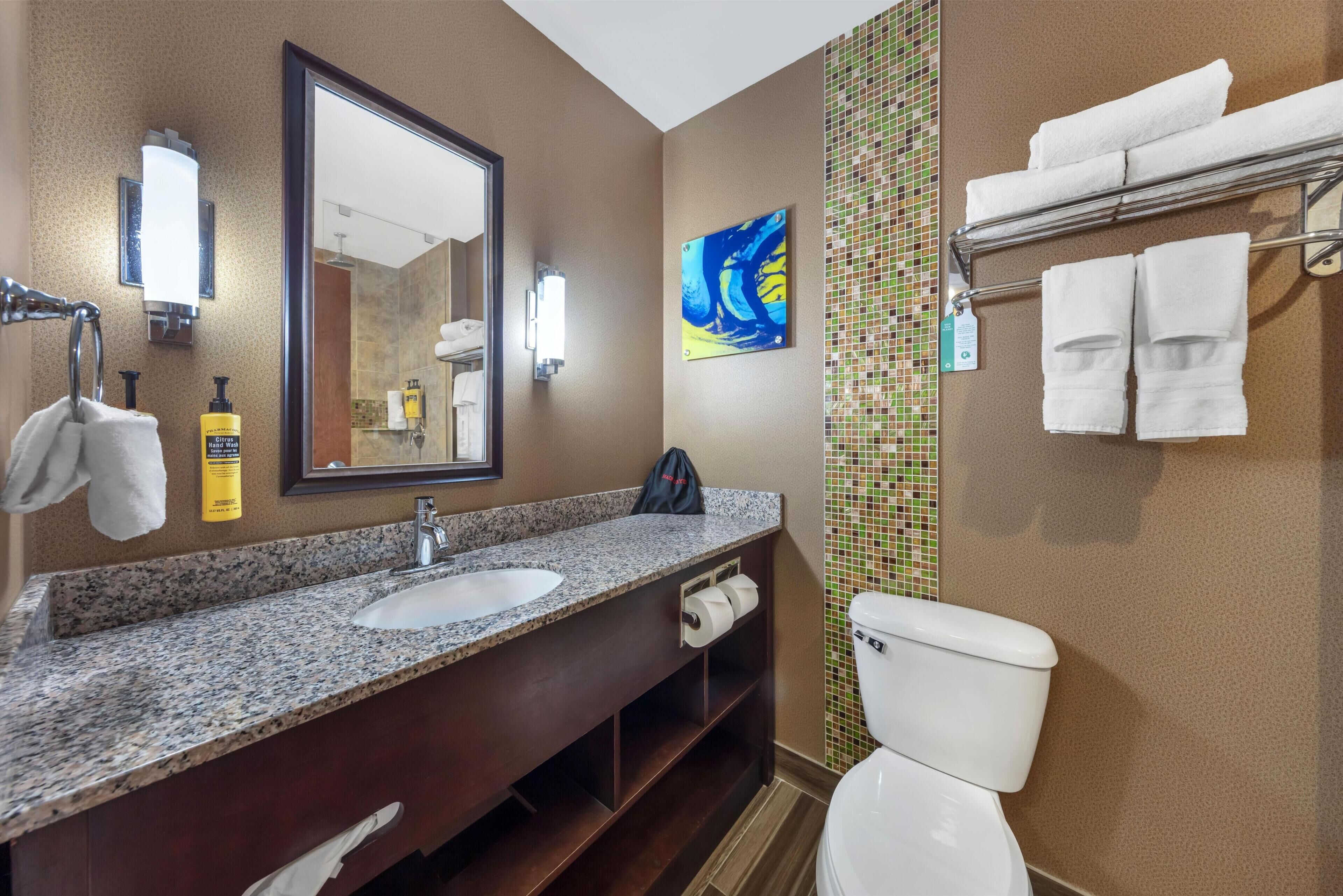 A bathroom with a granite countertop sink, a large mirror, a toilet, and a towel rack with towels.