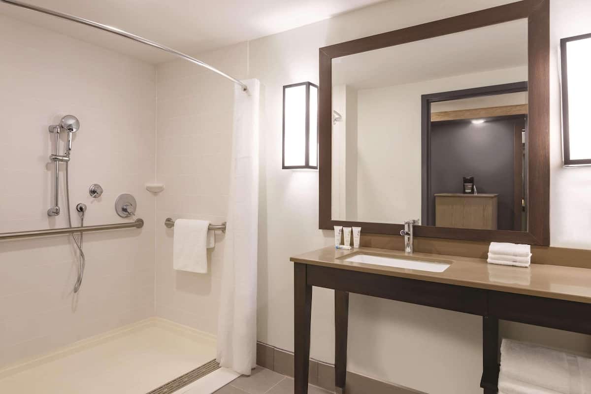 down duvets, desk, laptop workspace, blackout curtains