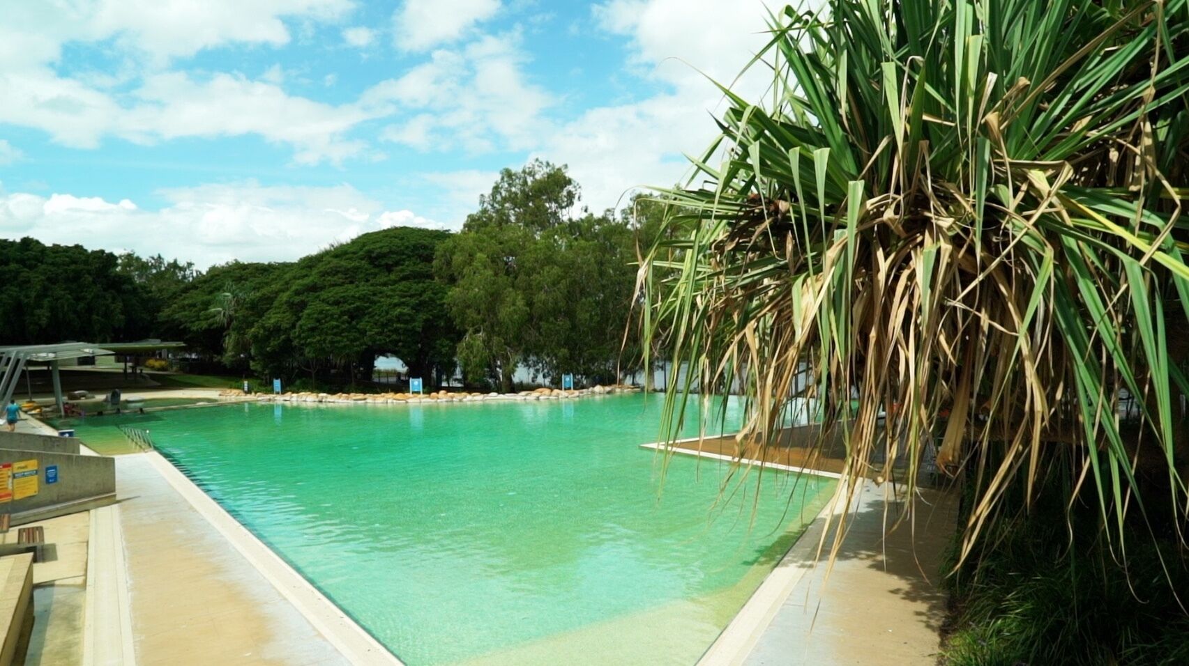 A clear swimming pool with a view of a forested area in the background.