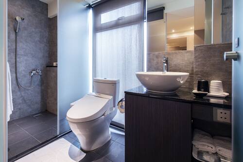 Shower, hair dryer, slippers, bidet